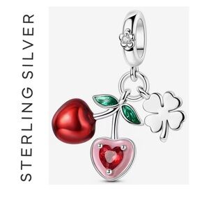 🌟 S925 Sterling Silver Cherry Clover Leaf Dangle Charm